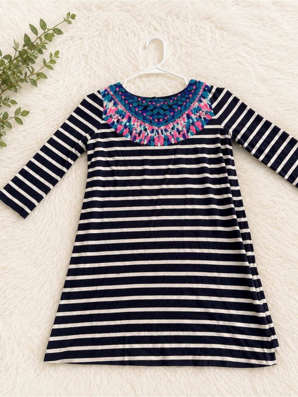 Girls Navy & White Stripe Dress with Pink & Teal faux Embroidered Yoke